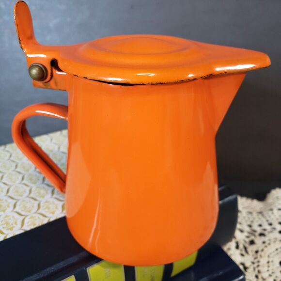 Vintage Italian Enamelware Western Bassano Orange Coffee Pot 3" Small Kettle - Picture 1 of 8
